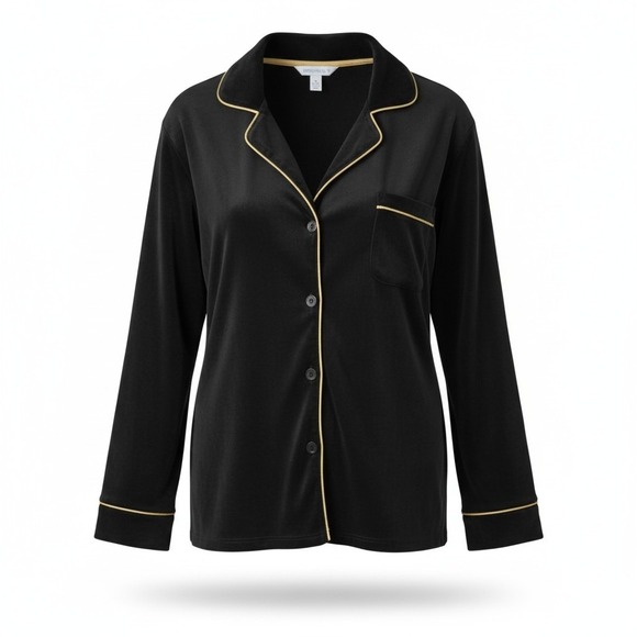 Joyspun Other - Joyspun Womens Black Velour Button Down Pajama Top Gold Piping Size M